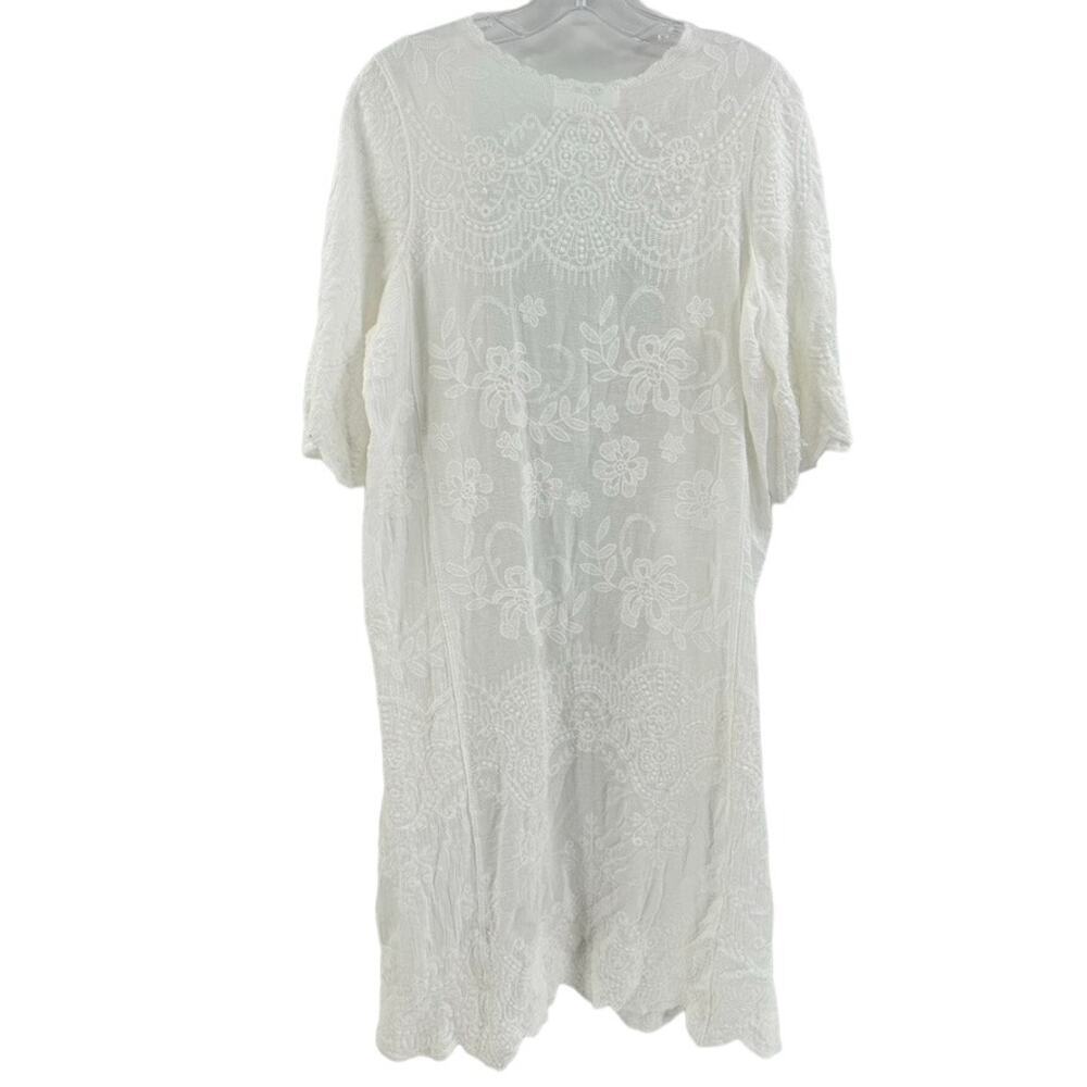 Kindred Boho Embroidered Kimono Coverup Sz L White Open Front Flutter Scallop - Picture 5 of 7